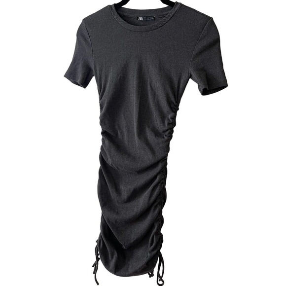 ZARA Small Ruched Ribbed Dress Mini Short Sleeve Dark Gray Short Stretch - Picture 7 of 10